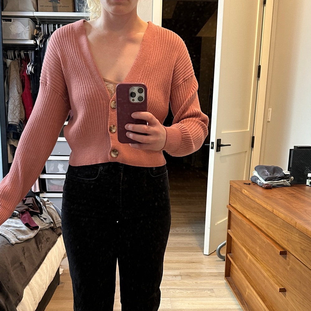 Peach / Coral / Salmon Ribbed Button-Up Cardigan